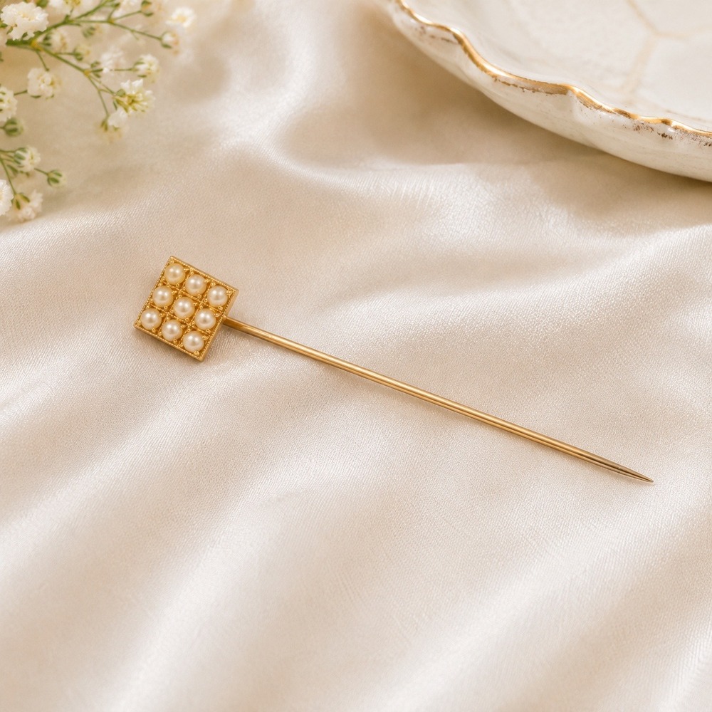 Vintage Gold Tone Faux Pearl Square Grid Stick‎ Pin Lapel Scarf Accessory